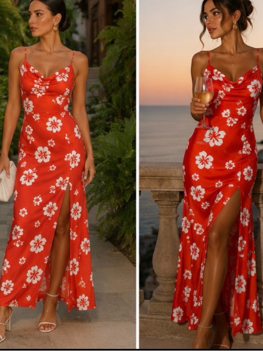 Elegant Red Floral Slip Dress with Side Slit
